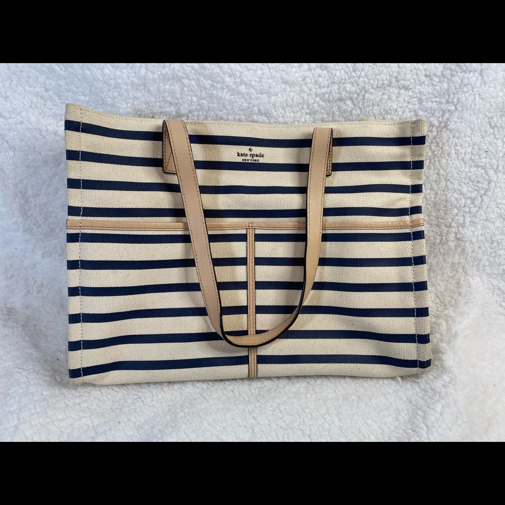 Kate Spade Washington Square Sam Womens Tote Purse Navy Blue White Stripe Canvas